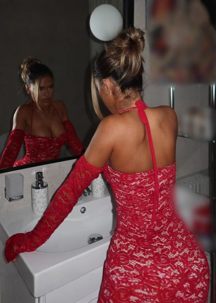 Floral Lace Sweetheart Halter Neck Detached Sleeve Bodycon Mini Dress