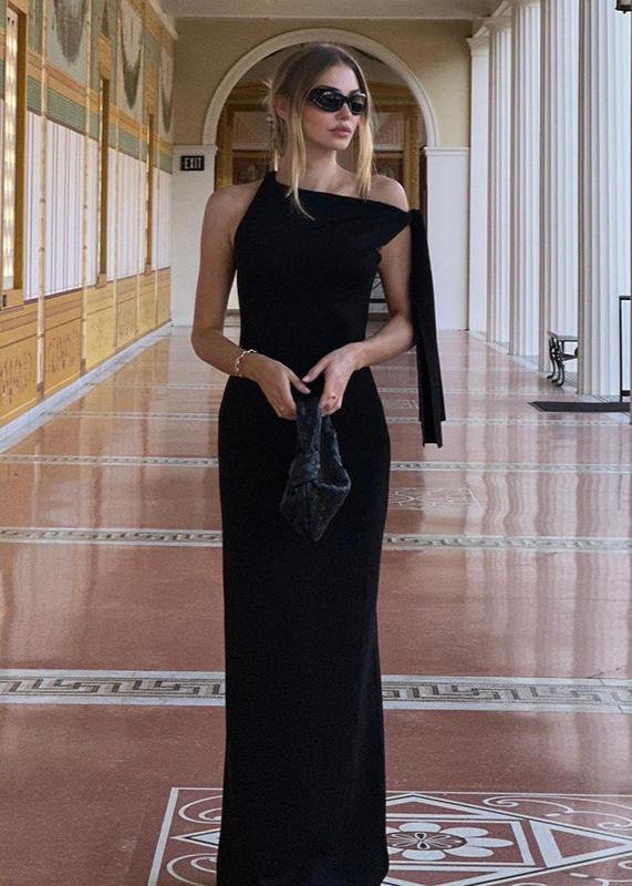 Boat Neck Sleeveless Draped Shoulder Bow Detail Bodycon Maxi Dress