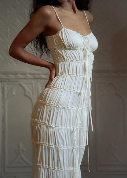 Spaghetti Strap Sweetheart Neck Smocked Tiered Ruffle Tie Front Maxi Dress
