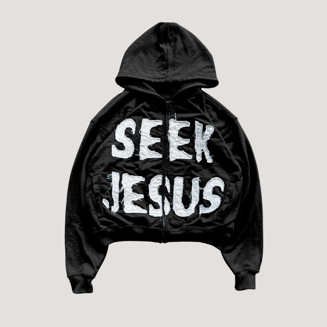 Letter Print Hooded Zip-Up Hoodie