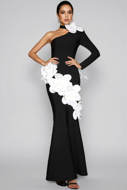 Zellk One Shoulder 3D Floral Bandage Maxi Dress