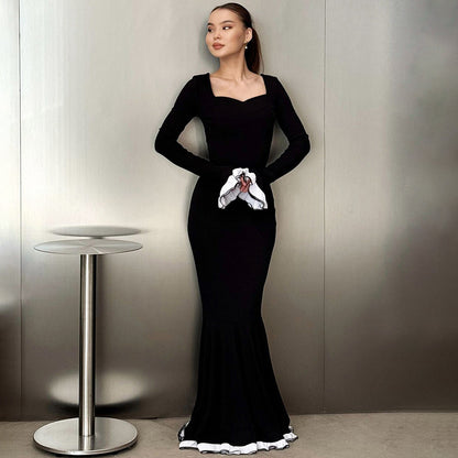 French  Slim Solid Color Slimming Bell Sleeve Dress