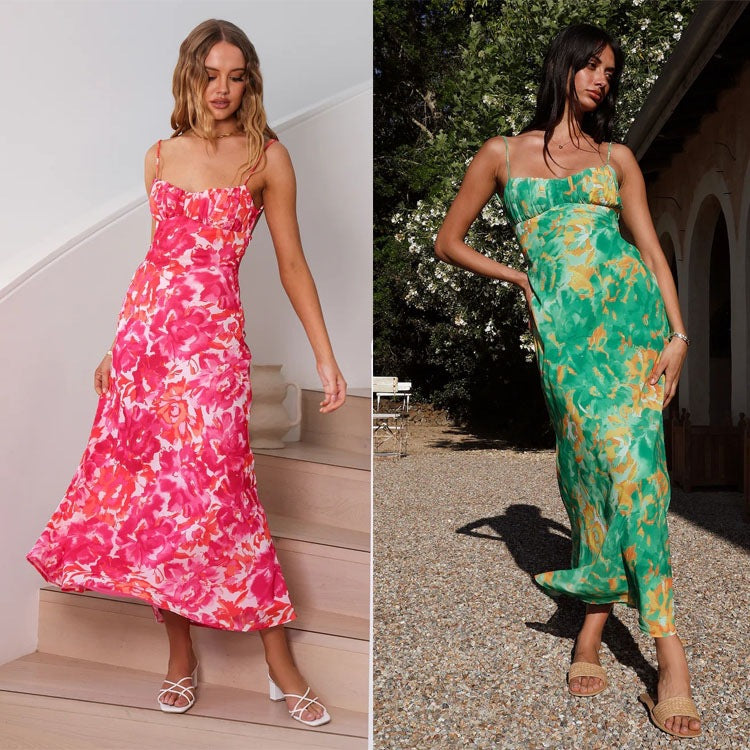 Large Floral Print Ruched Bust Spaghetti Strap Sweetheart Midi Dress