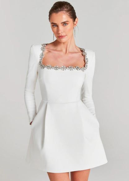 Crystal Embellished Square Neck Padded Shoulder Structured Mini Dress