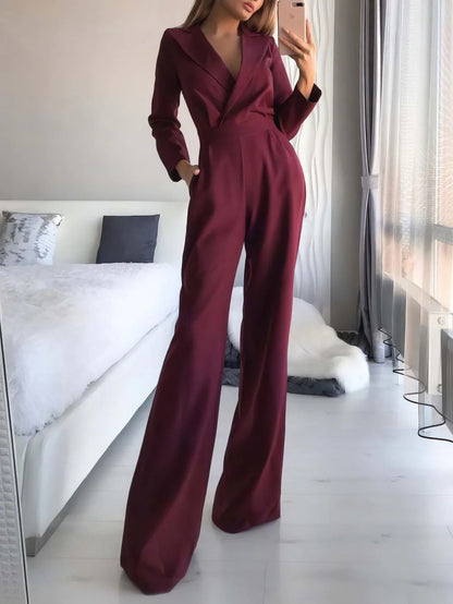 | Long Sleeve Wide-Leg Jumpsuit, V-Neckline