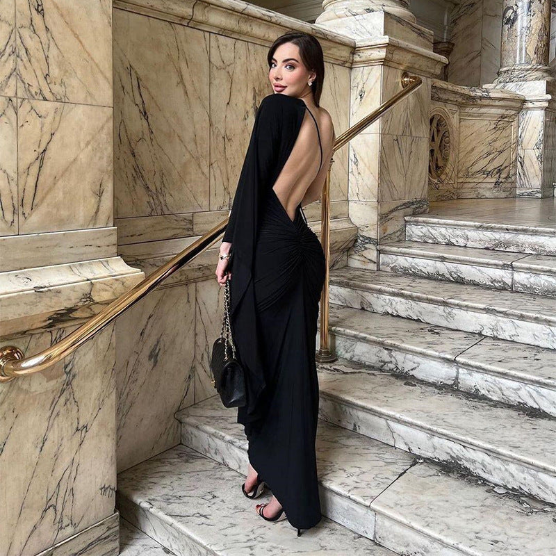 One Shoulder Sleeve Low Cut Backless Evening Dress for