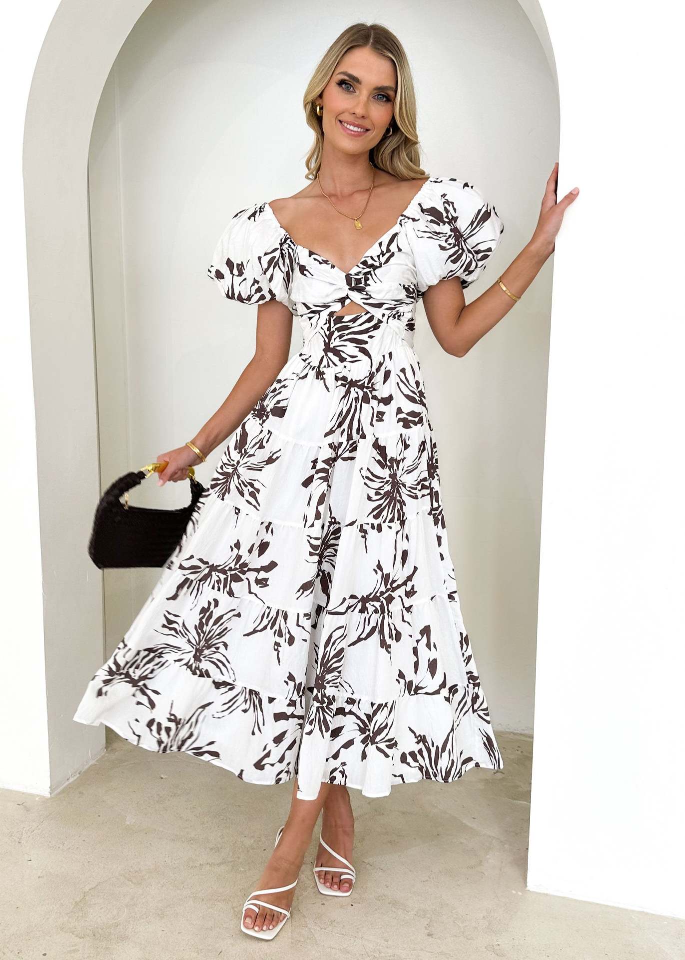 Elegant Puff Sleeve V neck Hollow Out Cutout out Printed Dress for