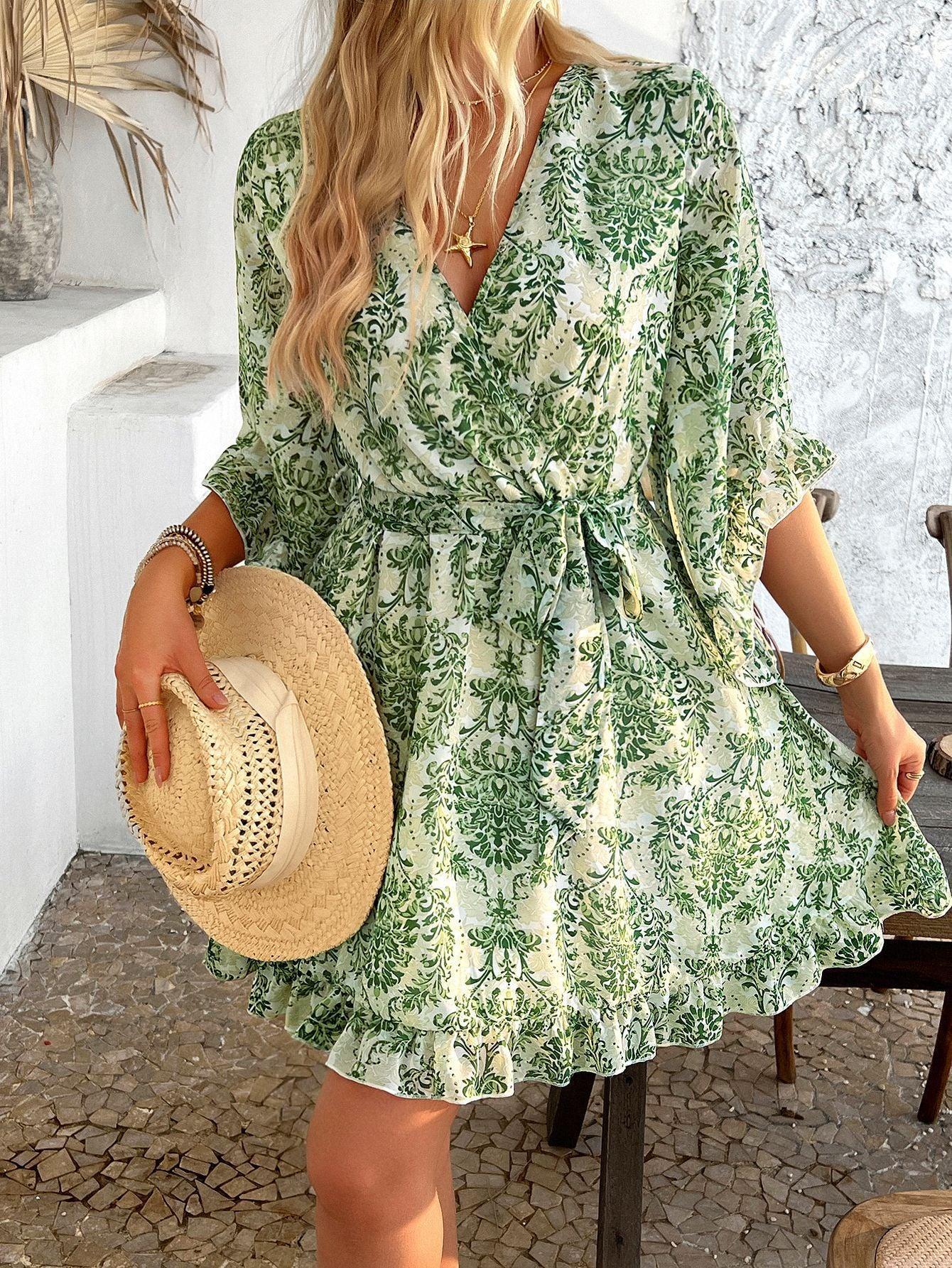 Boho Ruffle Wrap Mini Dress Green