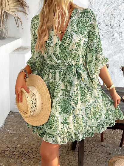 Boho Ruffle Wrap Mini Dress Green