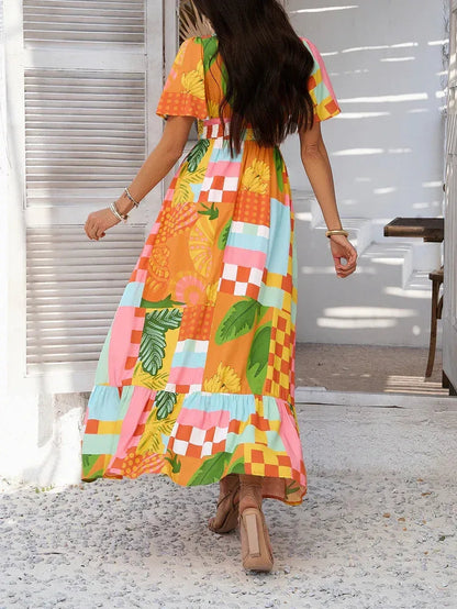 Tropical Floral Maxi Sun Dress for Women Orange