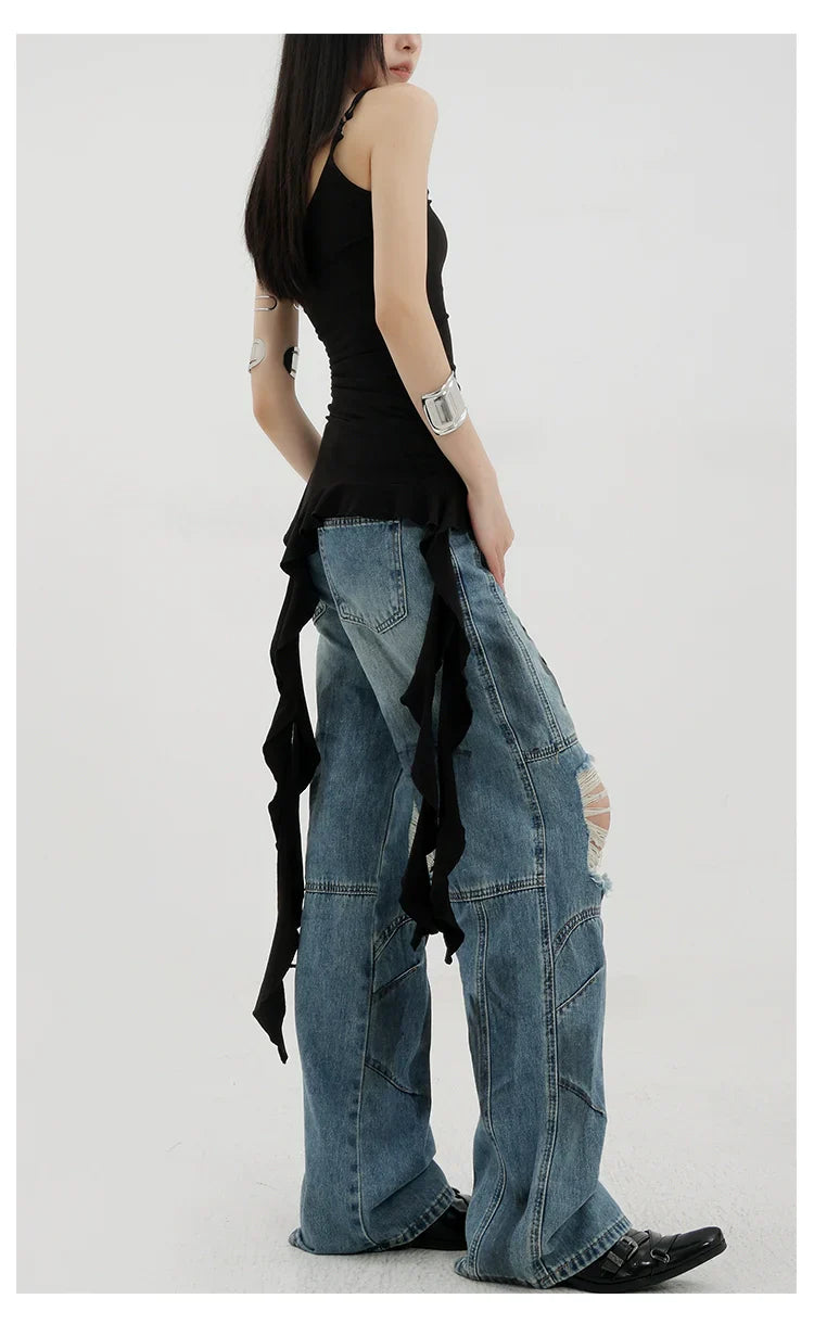 Vintage Distressed And Dirt-Dyed Patchwork Wide-Leg Jeans