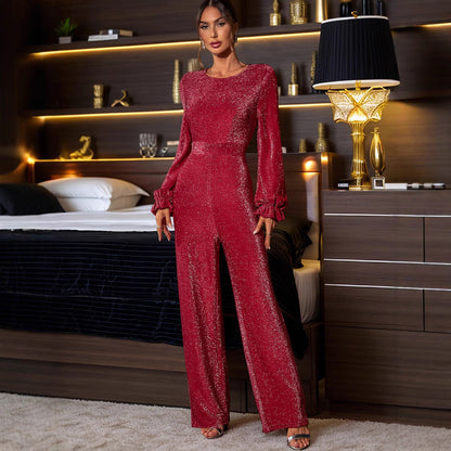 Light Dress Backless Jumpsuit Retro High Waist Long Sleeves Wide Leg Jumpsuit