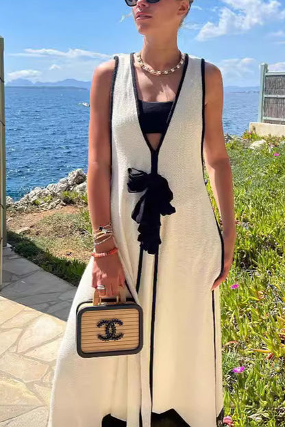 Boat Date Knit Contrast Self Tie Flowy Oversized Maxi Dress