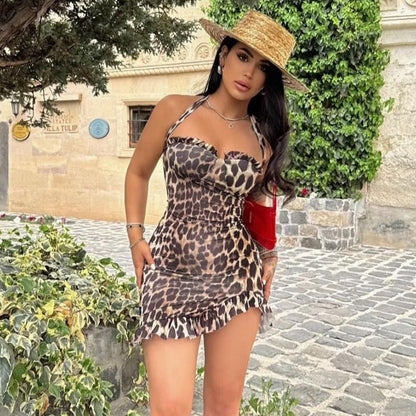 Leopard Print Lace up Backless Slim Hip Short Dress