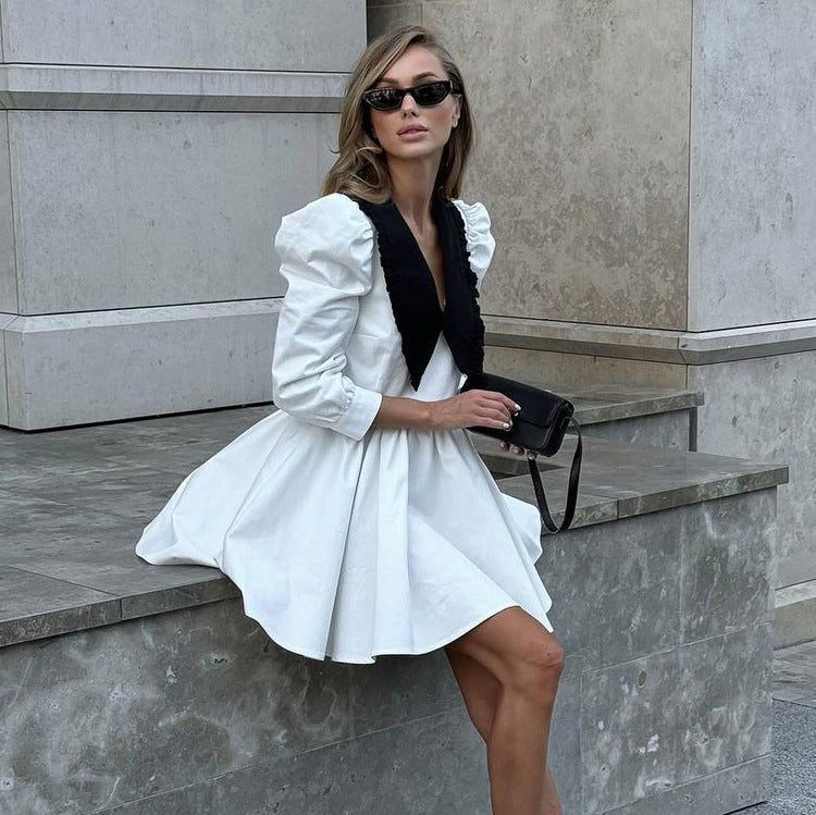 French Black White Contrast Color Doll Collar Short Elegant Pleated A line Dress