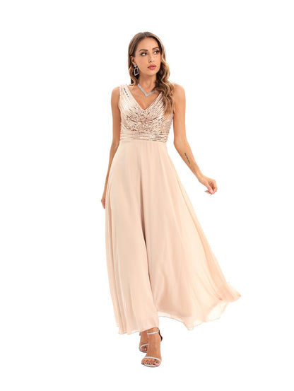 Backless Chiffon Stitching Dress Evening Dress