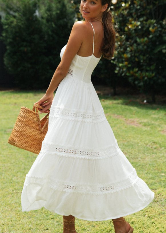 Sweetheart Tie Front Lace Trim Empire Waist Tiered Maxi Dress