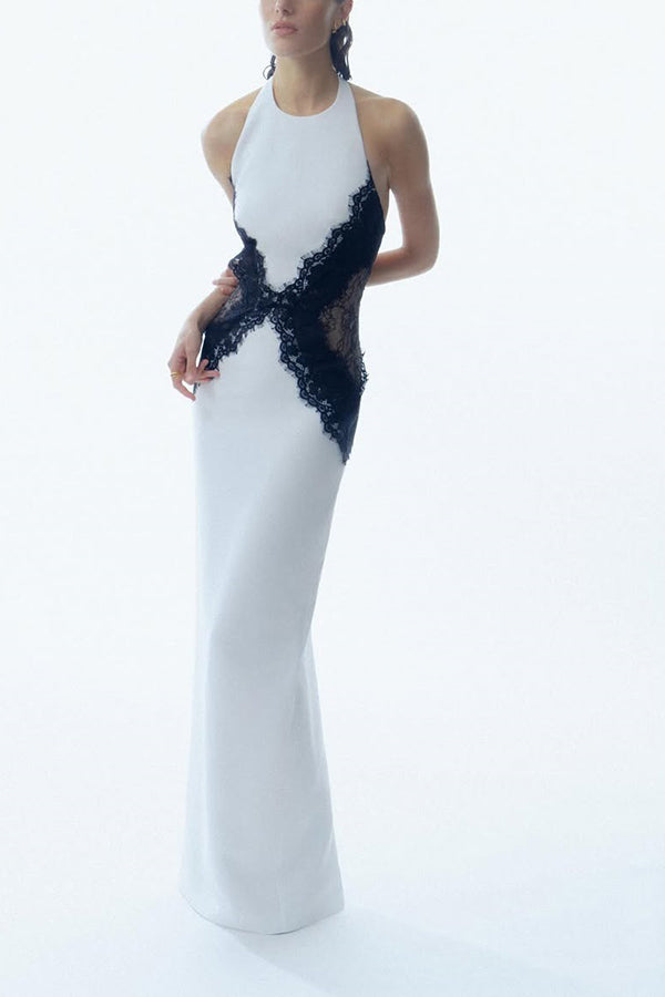 Sexy Halterneck Lace Paneled Backless Slim Maxi Dress