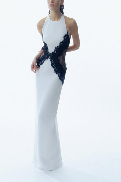 Sexy Halterneck Lace Paneled Backless Slim Maxi Dress