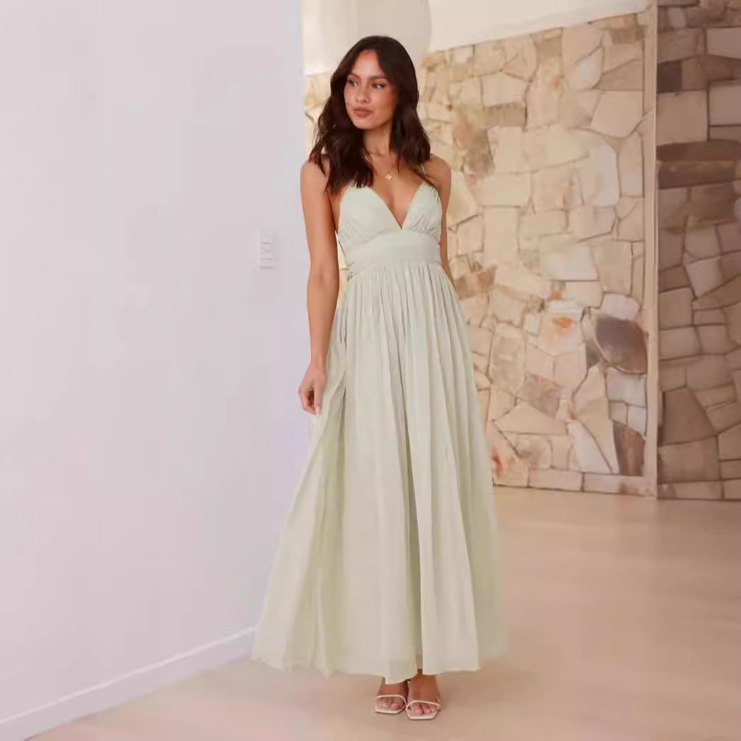 Backless Lace up Tight Waist Slim Chiffon Dress
