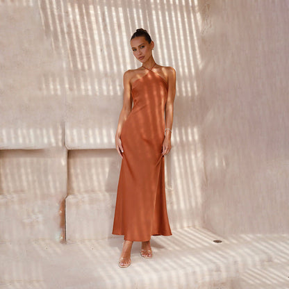 Satin Halter Neck Slip Backless Maxi Dress
