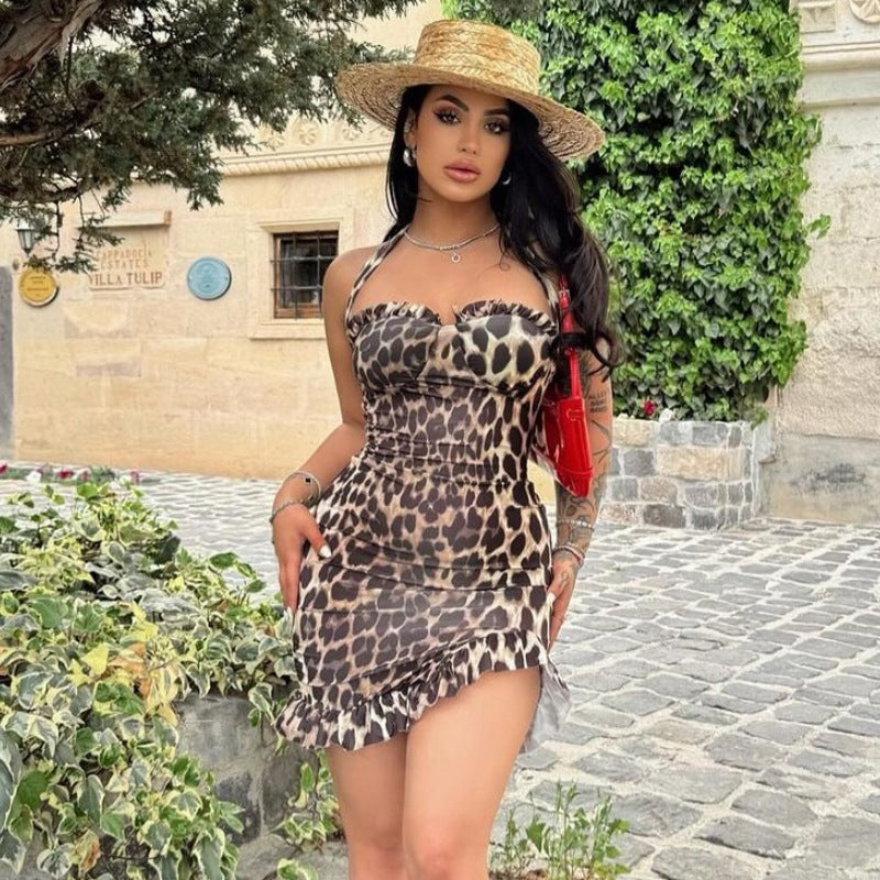 Leopard Print Lace up Backless Slim Hip Short Dress
