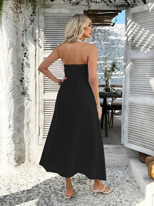 Black Halter Backless Maxi Dress for Women
