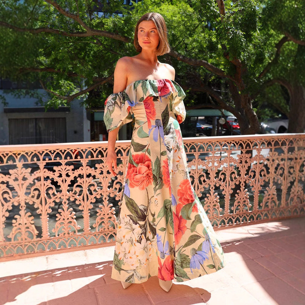 Off Shoulder Ruffle Neck Puff Sleeve Oversized Floral Print Maxi Dress