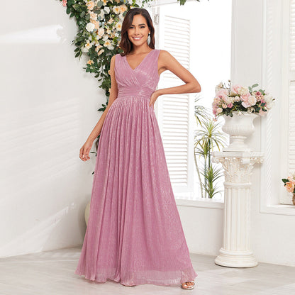 Pleated Shiny Double V Neck Large A Hem Party Evening Dress Short Sleeve Back Zipper Full Lining Prom Dress