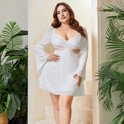 Plus Size Flared Sleeves Wrapped Chest Hollow Out Cutout Party Dress
