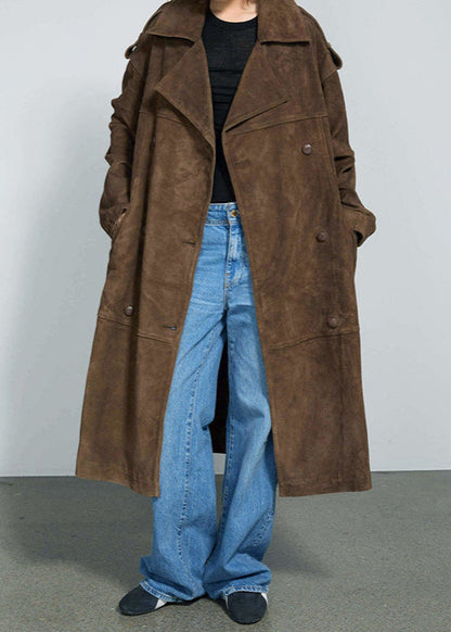 Suede Belted Long Trench Coat – Oversized Double-Breasted Brown Jacket
