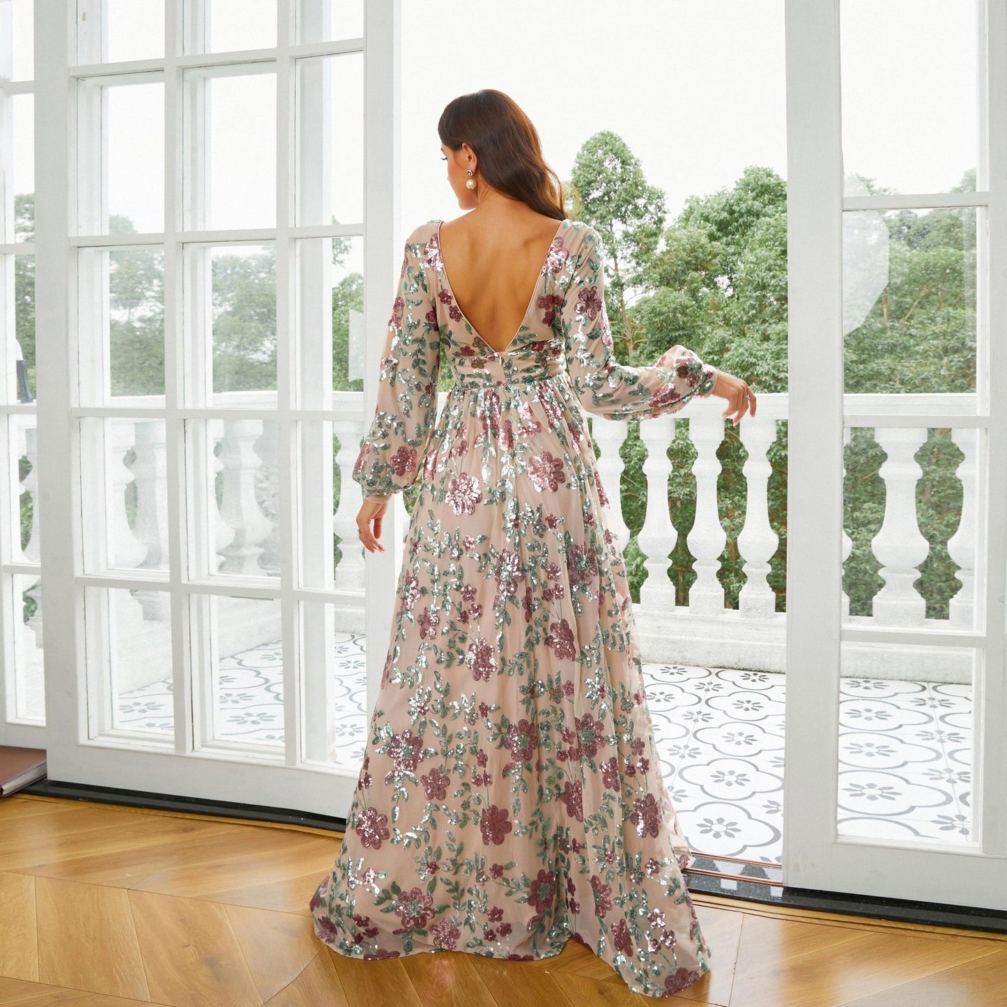 Long Sleeve V neck Long Sequined Cocktail Large Swing Evening Dress Bridesmaid