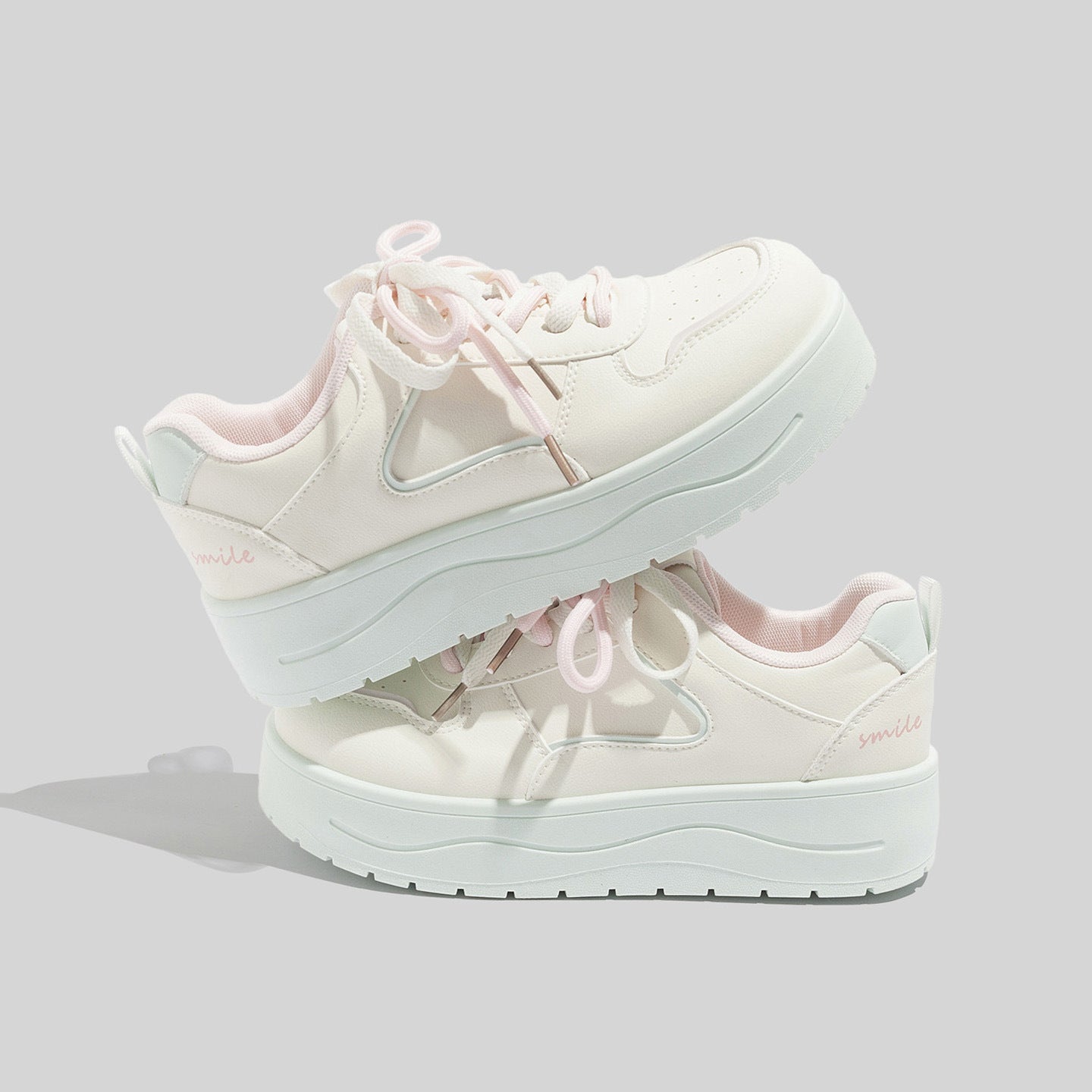 Women's Stylish Laced Up Beige Leather Sneakers With Platform Sole