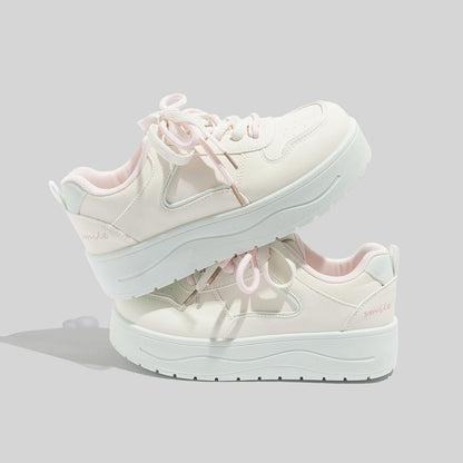 Women's Stylish Laced Up Beige Leather Sneakers With Platform Sole