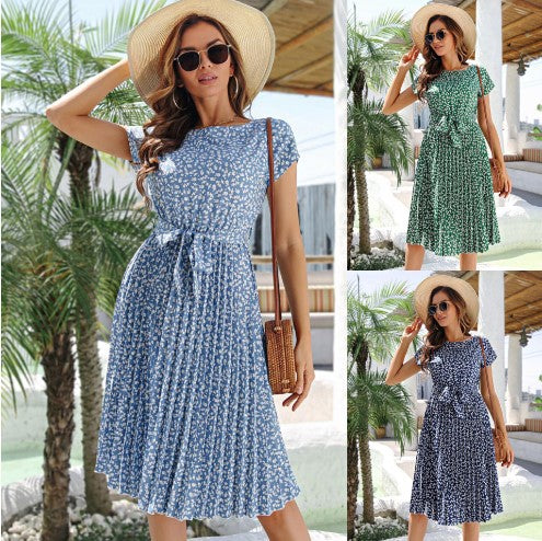 Ditsy Floral Print Cap Sleeve Round Neck Pleated Tie-Waist Fit-and-Flare Midi Dress