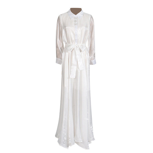 GracefulCasual Dress  Polo Collar Gilding Glossy Waist Tight Maxi