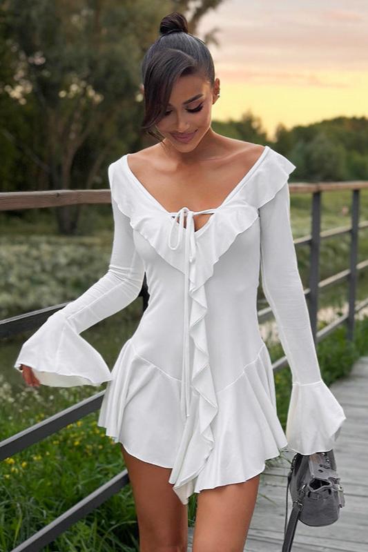 Ruffle Trim Tie Front Keyhole Long Sleeve Tiered Fit and Flare Mini Dress