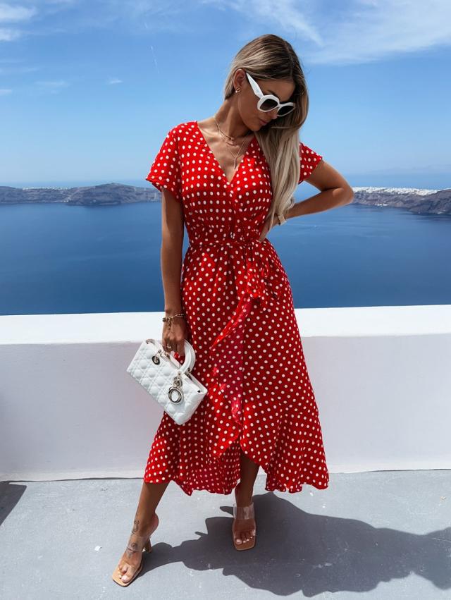 Polka Dot Print Surplice V-Neck Flutter Sleeve Asymmetrical Ruffle Hem Wrap Midi Dress