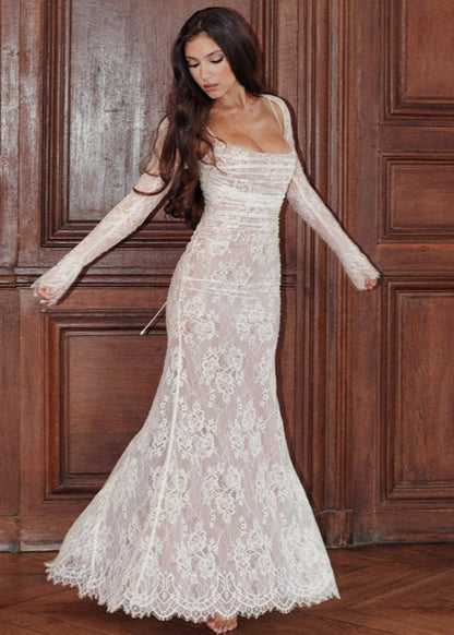 Square Neck Ruched Floral Lace Spaghetti Strap Long Sleeve Bolero Formal Maxi Gown
