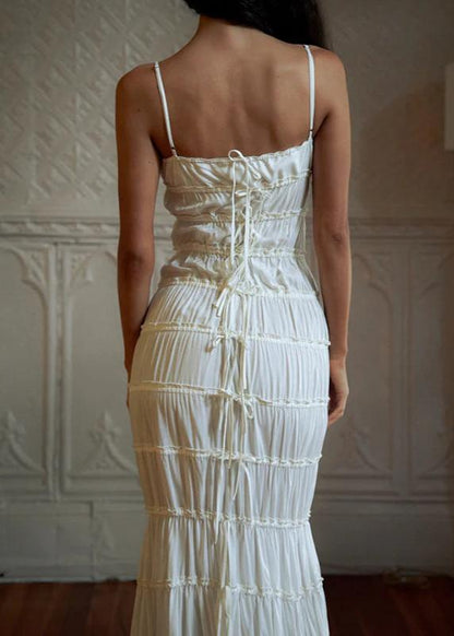 Spaghetti Strap Sweetheart Neck Smocked Tiered Ruffle Tie Front Maxi Dress