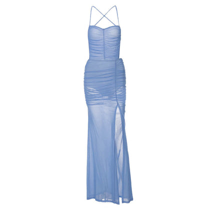 Sweetheart Neck Spaghetti Strap Ruched Mesh High Slit Maxi Dress