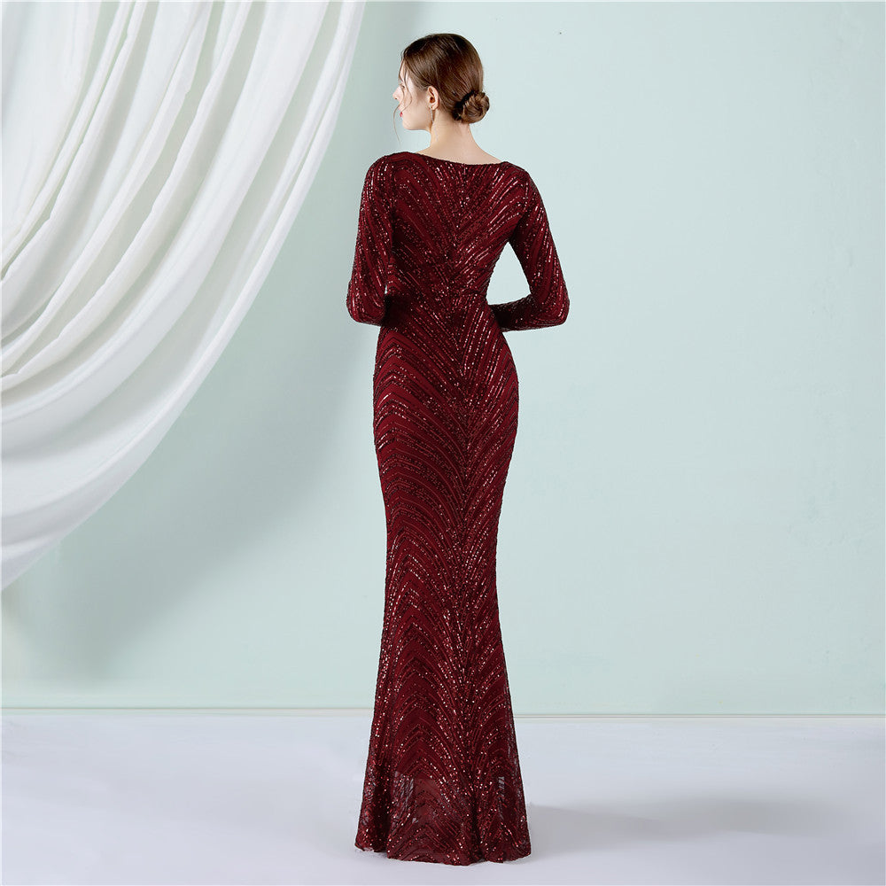 Positioning Floral Sequin Evening Banquet Elegant Long Sleeve Sequined Queen Fishtail Dress