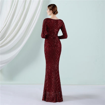 Positioning Floral Sequin Evening Banquet Elegant Long Sleeve Sequined Queen Fishtail Dress