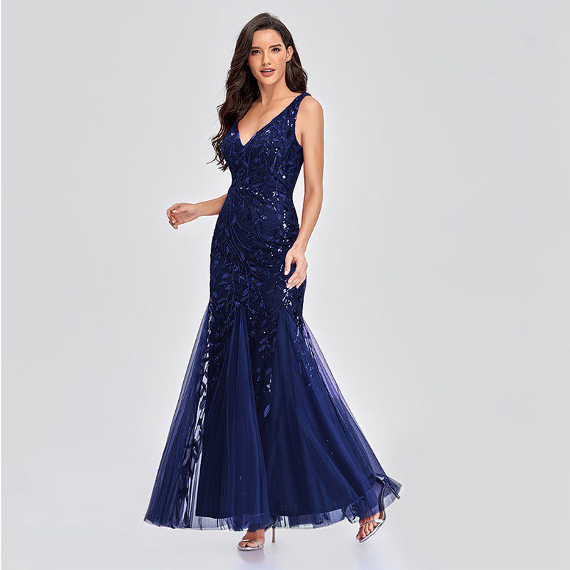 Evening Dress V neck Tulle Embroidered Sequ Mermaid Prom Formal Dress