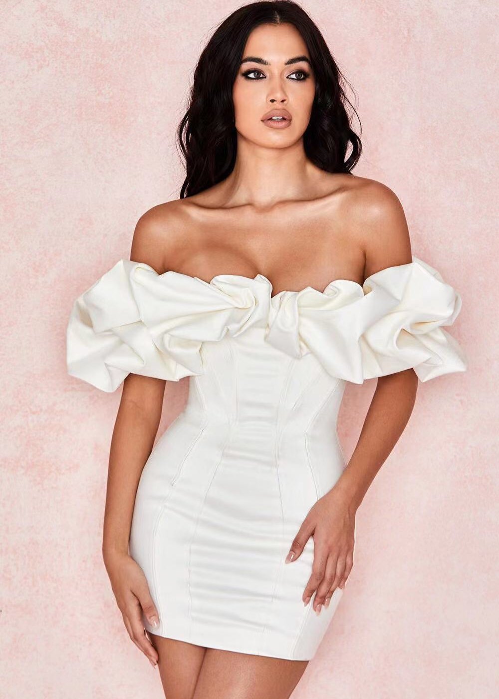 Off Shoulder Structured Ruffle Neckline Corset Panel Mini Dress