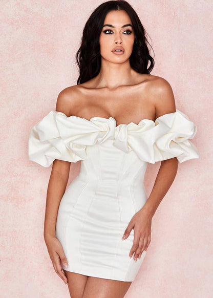 Off Shoulder Structured Ruffle Neckline Corset Panel Mini Dress