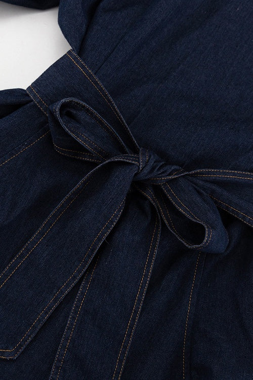 Mandarin Collar Puff Sleeve Button Front Denim Fit and Flare Mini Dress