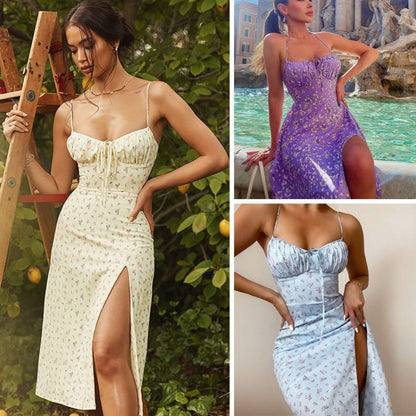Ditsy Floral Print Spaghetti Strap Ruched Tie-Front Sweetheart Side Slit Midi Dress