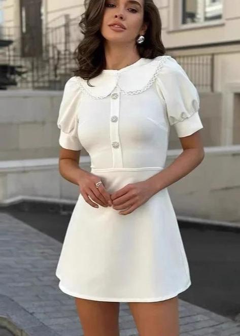 Peter Pan Collar Rhinestone Button Puff Sleeve A-Line Mini Dress
