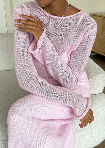 Sheer Knit Layered Spaghetti Strap Slip Long Sleeve Maxi Dress